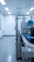 Male technician in protective gear operating pharmaceutical manufacturing equipment in sterile cleanroom facility for drug production and quality control.