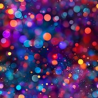 Vibrant bokeh lights pattern with glowing multicolored circles on dark background creates magical atmosphere. Seamless design for festive backgrounds and holiday decorations.