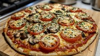 Homemade vegetarian pizza with fresh tomato slices, mushrooms and herbs on wooden cutting board ready to serve for dinner or lunch meal.