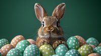 Adorable brown bunny rabbit peeking over colorful polka dot Easter eggs in turquoise and peach tones against dark green background, festive spring holiday composition.