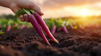 Freshly harvested purple carrots held over dark fertile soil at sunset, showcasing organic farming and fresh produce with natural sunlight creating warm atmospheric glow.