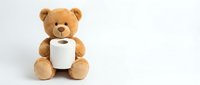 Cute brown teddy bear holding white coffee mug on clean white background, isolated for design projects and commercial use.