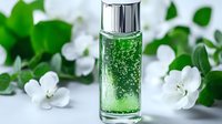 Luxurious green serum bottle with sparkling particles floating in transparent gel, surrounded by fresh white flowers and leaves. Natural cosmetic product photography.