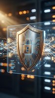 Digital cybersecurity shield with lock icon and circuit patterns floating over blurred technology background with glowing network connections.