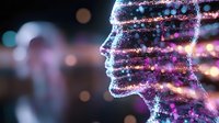 Glowing profile silhouette with sparkles and light trails against dark background, representing artificial intelligence, consciousness and digital transformation.