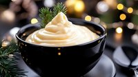 Creamy vanilla pudding dessert in black bowl with pine garnish and festive holiday lights creating warm seasonal atmosphere for winter celebrations.
