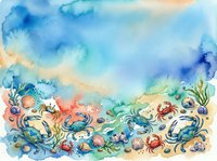 Watercolor underwater ocean scene with colorful sea creatures, coral reef, fish, crabs and marine life on sandy bottom for children's book illustration.
