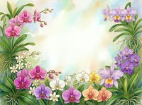 Watercolor floral frame with colorful orchids in pink, purple, white and orange on a soft pastel background with copy space.