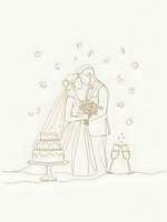 Romantic wedding couple line art with cake and champagne glasses surrounded by falling petals on beige background for invitations and stationery.