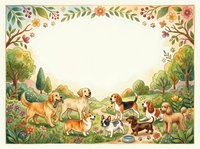 Watercolor dogs gathering in a floral garden frame with copy space, featuring various breeds in a charming nature scene for cards and prints.