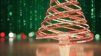 Digital Christmas tree made of binary code ribbons with glowing green matrix background for holiday technology concepts and festive programming themes.