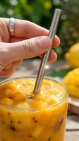 Person holding stainless steel straw in passion fruit juice drink with ice, outdoor summer beverage setting with fresh fruits and green foliage background.
