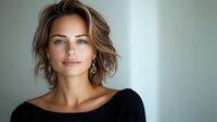 Young Caucasian woman with short wavy brown hair and natural makeup wearing black top against light background, soft studio lighting creates elegant professional portrait.