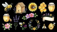 Honey bee, beehive, sunflower, honeycomb, and jar isolated on transparent background, ready for t-shirt design, clipart, stickers, sublimation, and print-on-demand products.