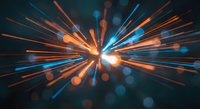 Abstract burst of orange and blue light rays radiating from center with bokeh effects on dark background for dynamic presentations and digital art.