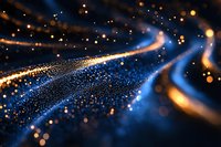 Glowing particles flow in curved streams against dark background with golden and blue light trails creating magical abstract composition for festive designs.