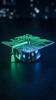 Futuristic graduation cap with glowing green circuit board pattern and tassel on dark background with bokeh lights for technology education concepts.