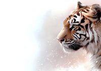 Majestic tiger head in profile against white background with soft bokeh effect and falling snow, showcasing detailed fur texture and intense side gaze.