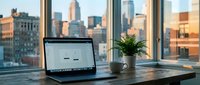 Modern workspace with laptop computer on wooden desk near large windows overlooking urban city skyline during golden hour light for remote work and productivity.
