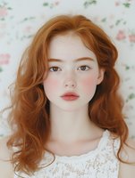 Young redhead woman with freckles and wavy hair wearing white lace top against floral wallpaper background for beauty and fashion concepts.