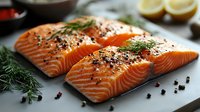 Fresh salmon fillets seasoned with herbs and spices on cutting board ready for cooking. Healthy omega-3 rich fish protein for gourmet meals and recipes.