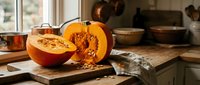 Fresh orange pumpkin cut in half showing seeds and flesh on wooden cutting board in rustic kitchen setting for autumn cooking and seasonal recipes.