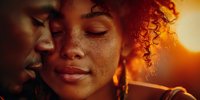 Intimate couple in golden sunset light, woman with freckles and curly red hair, man with dark skin, romantic moment with eyes closed.