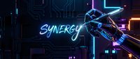 Futuristic robotic hand reaching toward glowing synergy text in neon cyberpunk environment with circuit board patterns and holographic interface elements.
