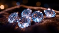 Sparkling blue diamonds scattered on dark brown leather surface with soft bokeh lights in background create luxurious jewelry composition.
