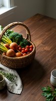 Wicker basket filled with fresh organic vegetables including broccoli, tomatoes, and onions on wooden table for farmers market, grocery shopping, and healthy eating concepts.