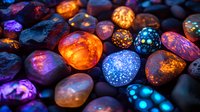 Glowing painted rocks with vibrant colors illuminated in darkness, featuring orange, blue, purple and turquoise hues creating magical garden decoration effect.