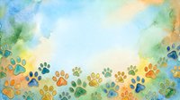 Watercolor paw prints in vibrant colors border a soft, dreamy sky background. Isolated design element suitable for pet-related projects, greeting cards, and animal-themed merchandise.