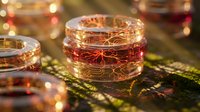 Whiskey glasses with amber liquid on circuit board with warm bokeh lights creating luxurious tech-themed atmosphere for premium beverage advertising.