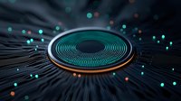 Futuristic circular microchip with glowing turquoise and orange lights on dark background, radiating circuit board patterns and bokeh effects. Technology concept.