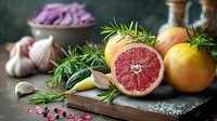 Fresh citrus fruits with grapefruit, rosemary herbs, garlic and spices on rustic wooden cutting board against dark background, food photography.