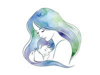 Tender mother holding newborn baby in loving embrace with flowing watercolor hair in blue and green tones on white background for maternal designs.