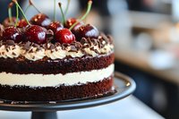 Chocolate layer cake with cream filling, topped with fresh cherries and chocolate shavings on black plate. Close-up view shows moist texture and detailed garnish.