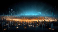 Futuristic cityscape with glowing orange and blue data visualization pillars rising from circular metropolis against dark starry sky. Digital network concept.