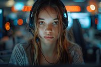 Young Caucasian woman with natural makeup in moody night lighting, illuminated by blue neon glow. Perfect for lifestyle, urban photography, and modern advertising campaigns.