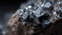 Dark metallic mineral crystals with reflective surfaces embedded in rough brown rock matrix displaying natural geological formation and crystalline structure.