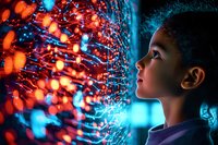 Young mixed race boy gazing at glowing orange and blue light display with wonder, side profile against dark background showing magical holiday atmosphere.