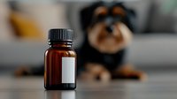 Amber glass medicine bottle with blank label on table with blurred teddy bear toy in background for pharmaceutical and healthcare concepts.