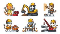 Worker in yellow hard hat and safety gear celebrating with tools and toolbox, construction worker operating excavator machinery, contractor holding blueprint and hammer, laborer with wheelbarrow of tools, craftsman at workbench with equipment, tradesperson with metal materials. Isolated clipart characters for construction, labor, and trade industry designs, t-shirts, and educational materials.