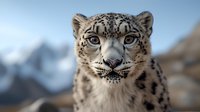 Snow leopard close up portrait showing piercing blue eyes and spotted fur pattern against blurred mountain background. Majestic wild cat face with detailed whiskers and markings.
