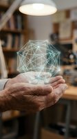 Close-up of mature male hand holding glowing geometric wireframe network structure in modern office workspace with blurred background lighting and shelving.