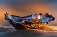 Crystal sphere resting in autumn leaf with water drops at sunset, macro photography with golden bokeh background and reflective surface.