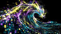 Glowing neon particles swirl in dynamic spiral motion with vibrant purple, yellow, and cyan lights against dark background. Digital art for design projects.