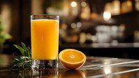 Fresh orange juice in glass with orange half on kitchen counter, healthy breakfast drink concept for morning nutrition and vitamin C wellness lifestyle.