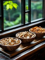 Wooden bowls filled with dried mushrooms on windowsill, natural light streaming through window, green foliage background creates rustic kitchen atmosphere.