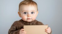 Adorable baby with bright blue eyes wearing brown knit sweater holds blank cardboard sign against light gray background. Suitable for parenting blogs and announcements.